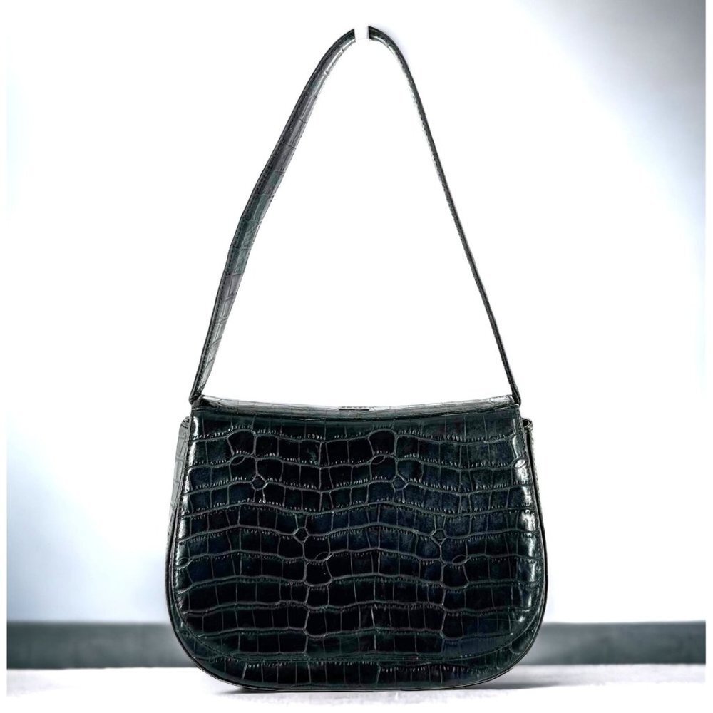 Bally Black Reptile Croc Embossed Leather Shoulder Bag Career Handbag